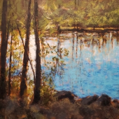 Sunlight Through the Trees - Oil and Cold Wax on Craddled Wood Panel  - 40" h x 60" w