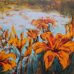 Lilies by the River - Oil and Cold Wax on Craddled Wood Panel  - 20" x 40"